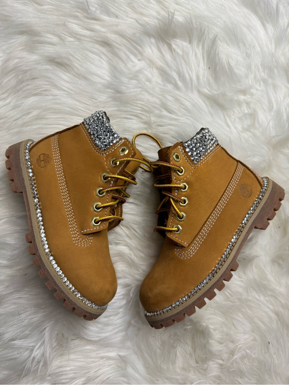 Embellished Wheat Work Boots with Rhinestone Trim